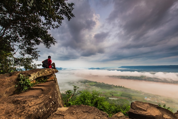 Landschap van Mekong rivier in grens van Thailand en Laos.