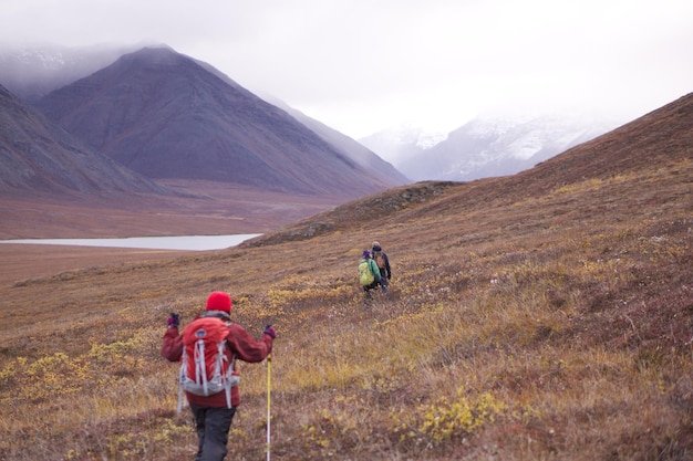 Landschap van mensen die door de prachtige Gates of the Arctic National Park lopen