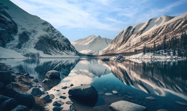 Landschap van met sneeuw bedekte bergen achter een prachtig meer Generatieve A