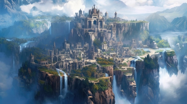 Landschap van middeleeuwse fantasiestad omringd door bergen Generatieve AI