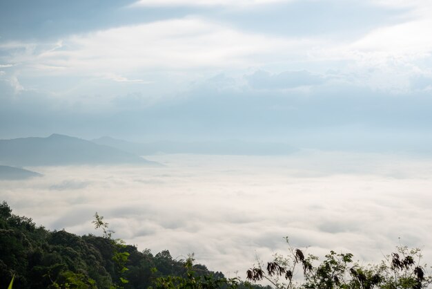 Landschap van morning mist met berglaag.