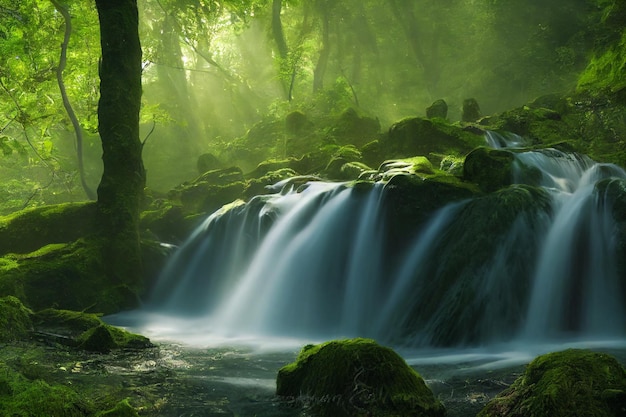 Landschap van prachtig landschap van waterval in diepe bos achtergrond 3D-rendering