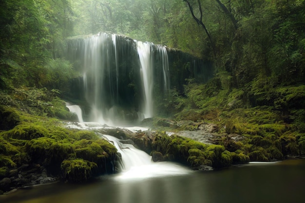 Landschap van prachtig landschap van waterval in diepe bos achtergrond 3D-rendering