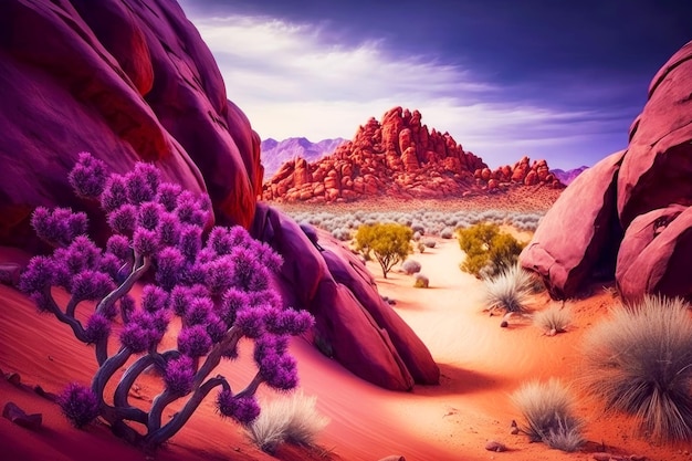 Landschap van prachtige roodpaarse rotsen in de woestijn met generatieve ai van cactussen en zandduinen