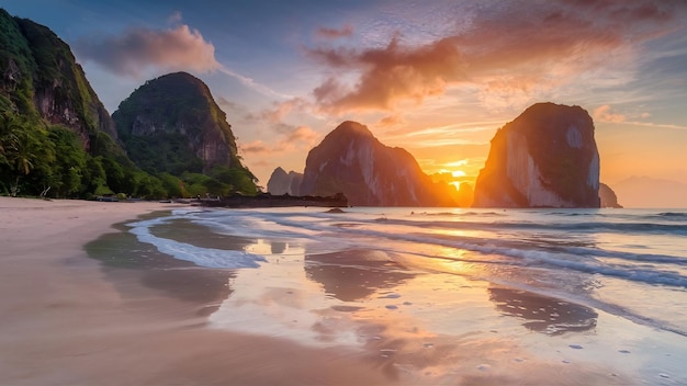 Landschap van railay strand bij zonsopgang in Krabi Thailand