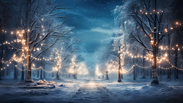Landschap van sneeuwwinter met lichte achtergrond 's nachts Kerstprentbriefkaarruimte voor tekst