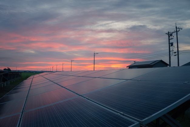 landschap van Solar Farm bij zonsondergang