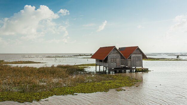 Landschap van twee oud huis op wetland in de provincie Talay Noi Lake Phatthalung in het zuiden van Thailand