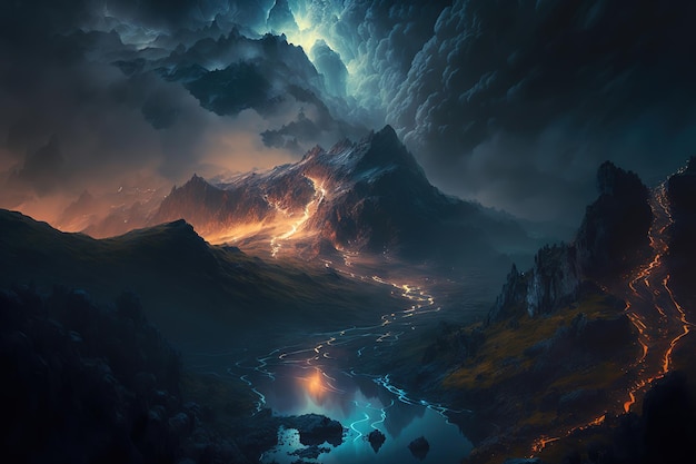 landschap van verlichting over de bergen met een dramatische compositie.