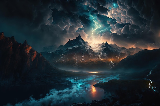 landschap van verlichting over de bergen met een dramatische compositie.