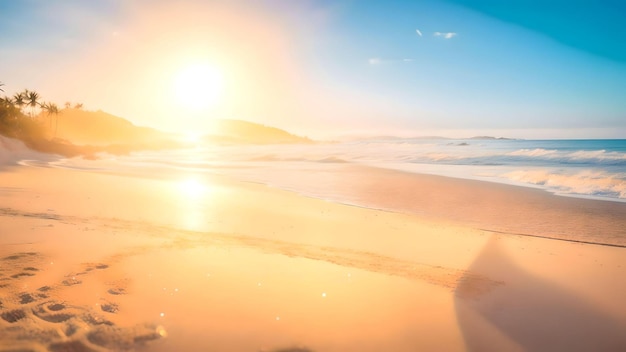 Foto landschap van zomer zandstrand over zonsondergang hemel warme licht achtergrond ai gegenereerd