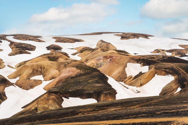 Landschap vanaf Brennisteinsald-pad met besneeuwde vulkanische berg in Landmannalaugar in de Hooglanden van IJsland