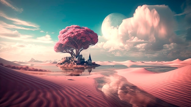 Landschap woestijn oase reusachtige rozenboom surrealisme sprookje generatief ai