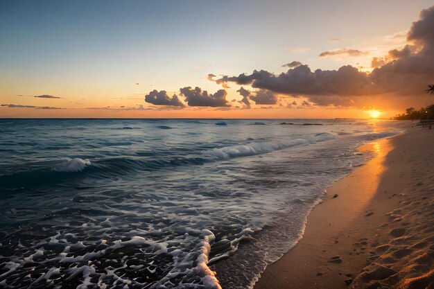 Landschappen van een strand bij zonsondergang met een palmboom