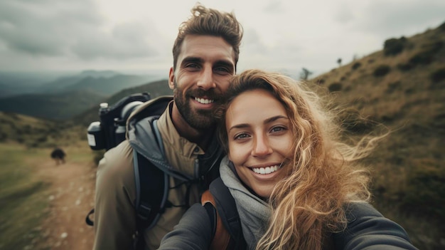 Landschaps-selfie van een lachend verliefd stel AI-gegenereerde afbeelding