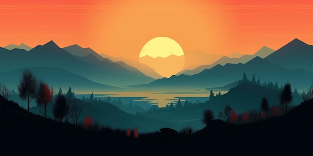 Landschapsachtergrond met bergen en heuvels bij zonsondergang of zonsopgang wallpaper print Gegenereerde AI
