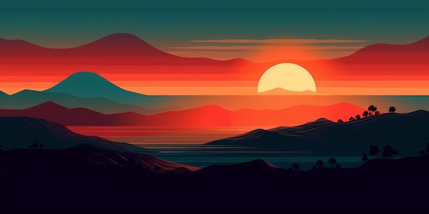 Landschapsachtergrond met bergen en heuvels bij zonsondergang of zonsopgang wallpaper print Gegenereerde AI