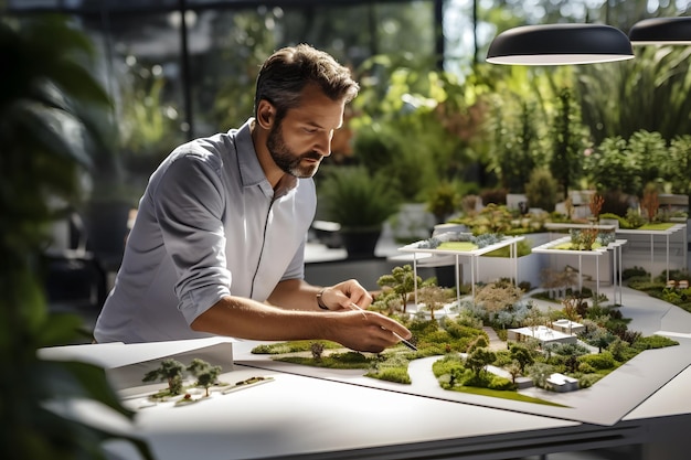 Landschapsarchitect ontwerpt een tuin met mockup