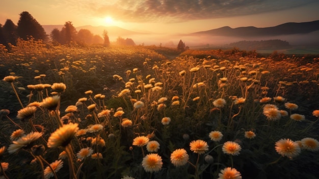 landschapsbeeld van de zonsopgang in een Chrysanthemum veld