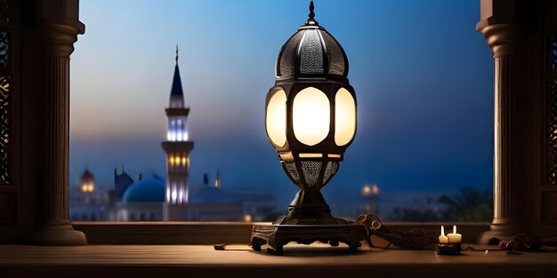 Landschapsfoto van een islamitische lantaarn met een moskee op de achtergrond voor Eid ul fitr en Ramadan Mubarak