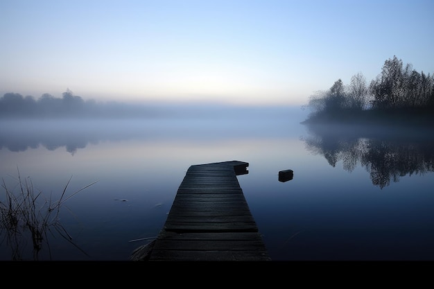 Landschapsfoto van een mistig meer in de ochtend Generatieve AI