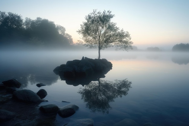 Landschapsfoto van een mistig meer in de ochtend Generatieve AI