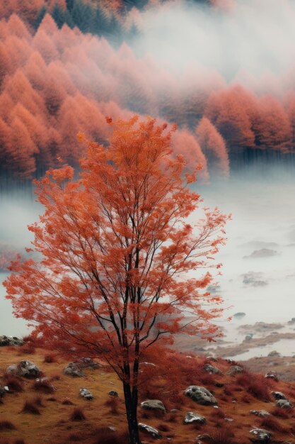 Landschapsfotografie van herfstbomen met mist als abstracte textuur