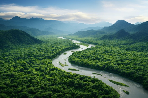 Landschapsfotografie van regenwouden met kronkelende rivieren