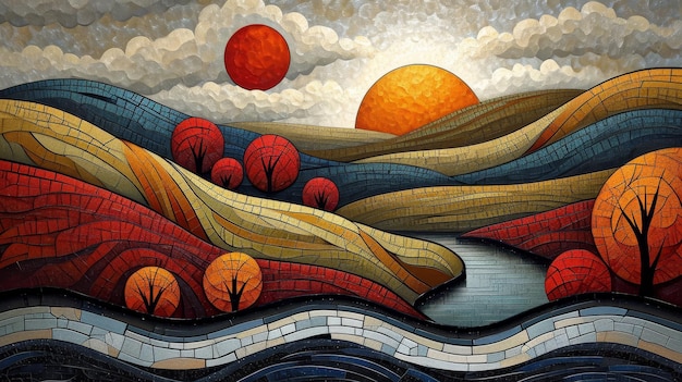 Landschapskunst pop art deco kleurrijke schilderijen met heuvels en meren