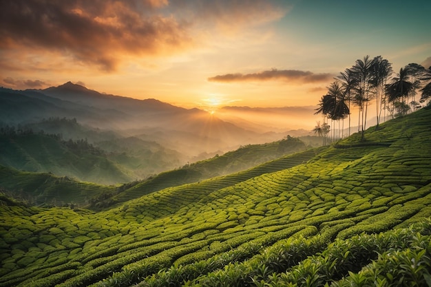 Landschapsmening van een theeplantage bij zonsondergang Munnar Kerala State India