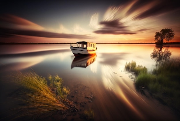 Landschapsmening van schip op rivier en zonsondergang generatieve ai