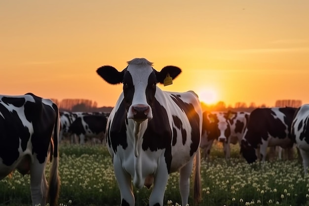 Landschapsmening van zwart-witte koeien die naar de zonsondergang kijken op een groene weide tegen tulpen