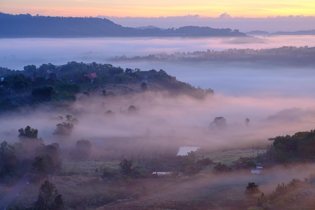 Landschapsmist in de ochtendzonsopgang bij Khao Takhian Ngo View Point in Khaokho PhetchabunThailand