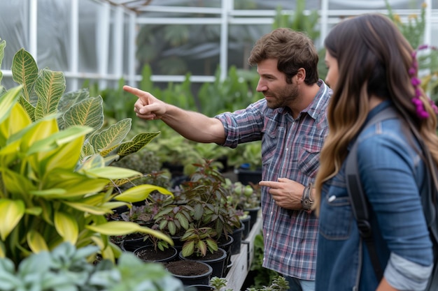 Landschapsontwerper wijst naar planten in een kwekerij met een klant