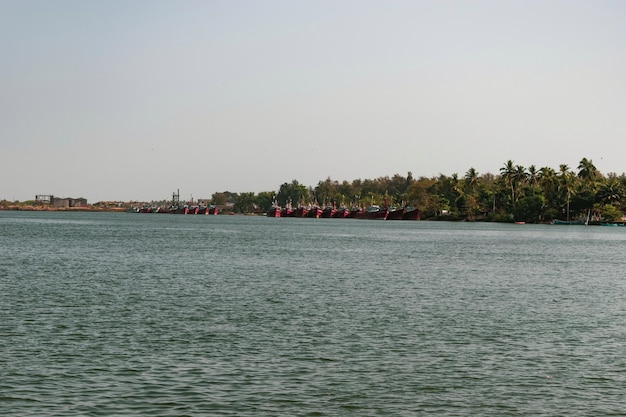 Landschapsopname van de haven van Mangalore met vissersboten