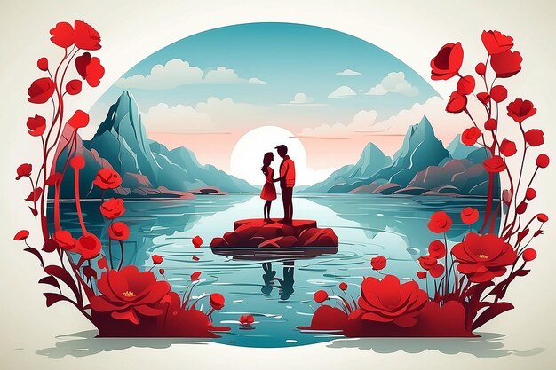 Foto landschapspapier gesneden jongen die een meisje ten huwelijk vraagt met rode bloemen op zijn knieën gelukkige valentijnsdag