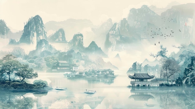 Landschapsschilderij van een Aziatisch schilderij bij het water dat Chinese Nieuwjaarsfeesten toont te midden van broedende stadsgezichten