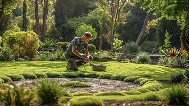 Foto landschapstuinman die gras legt voor een nieuw gazon