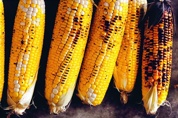 Lang goudbruin met bruine korrels gegrilde maïs geroosterd voor barbecue