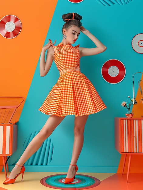 Lang jong meisje model met retro geïnspireerde swing jurk met P high fashion voorwaarts boutique stijl