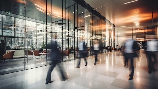 Lange belichting op de lobby van een modern kantoor met zakenlieden die in snelle beweging lopen, vervaagd