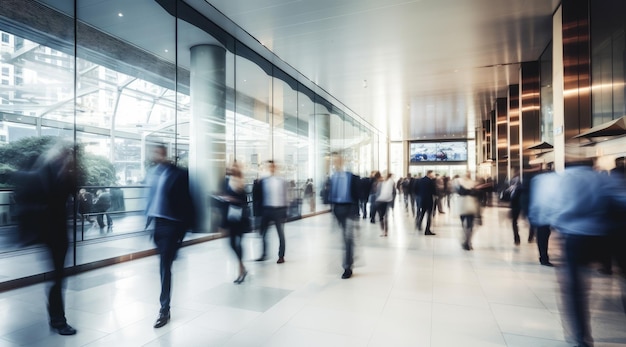 Lange belichting opname van menigte zakenlieden die in een heldere kantoor lobby lopen digitale ai