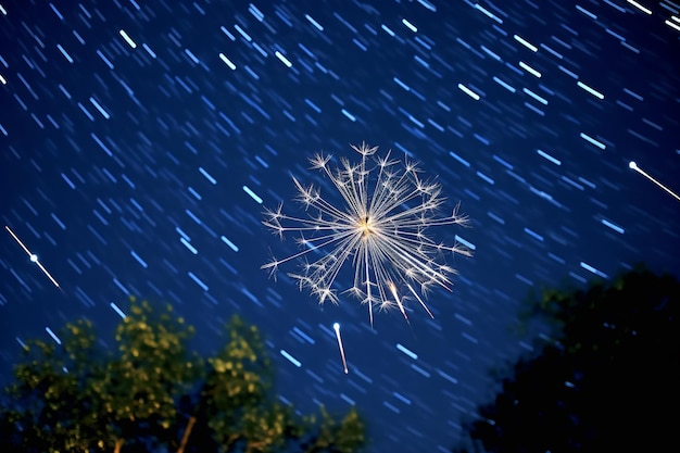 Lange belichting van een paardenbloem met sterren die boven cirkelen