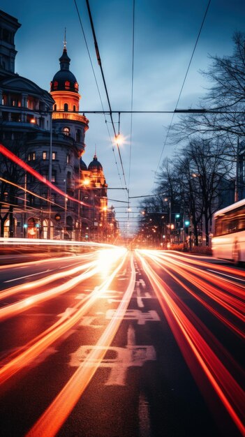 lange belichtingsopname van een drukke stadsstraat 's nachts