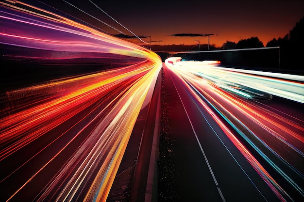 Lange blootstelling aan spitsverkeer met strepen van licht en beweging