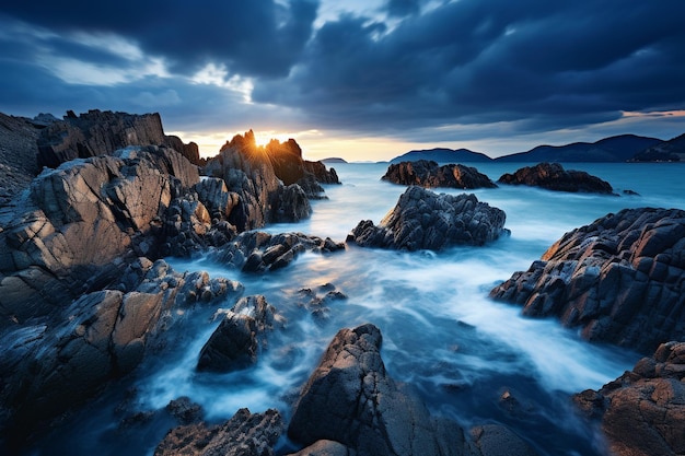 Lange blootstelling van een rotsachtig strand op het eiland Skye in Schotland