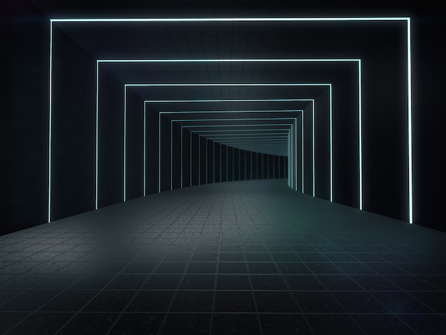 Lange donkere gang interieur met futuristisch licht. 3D-rendering