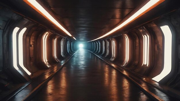 Lange donkere tunnel met futuristisch licht.