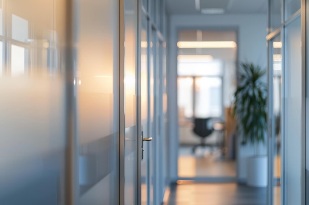 Lange gang met glazen deuren en potplanten