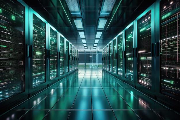 Lange gang met rijen servers Een blik in een hightech datacenter Shot van de gang in een werkend datacenter vol rackservers en supercomputers met door AI gegenereerde cloudopslag